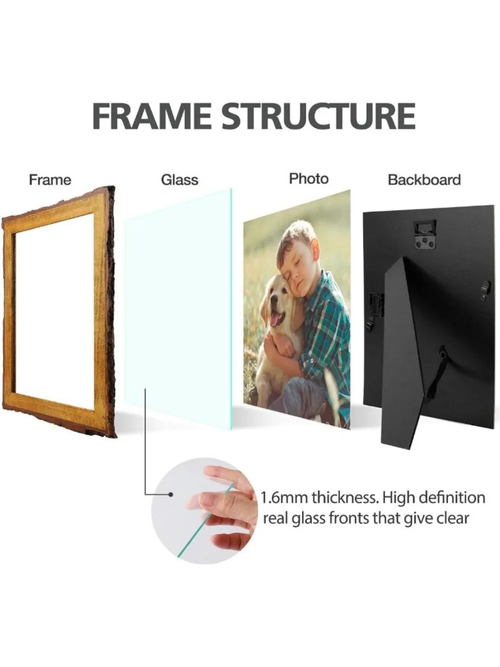 Rustic Brown 8x10 Picture Frame - Solid Wood with Bark Edge & Glass Display